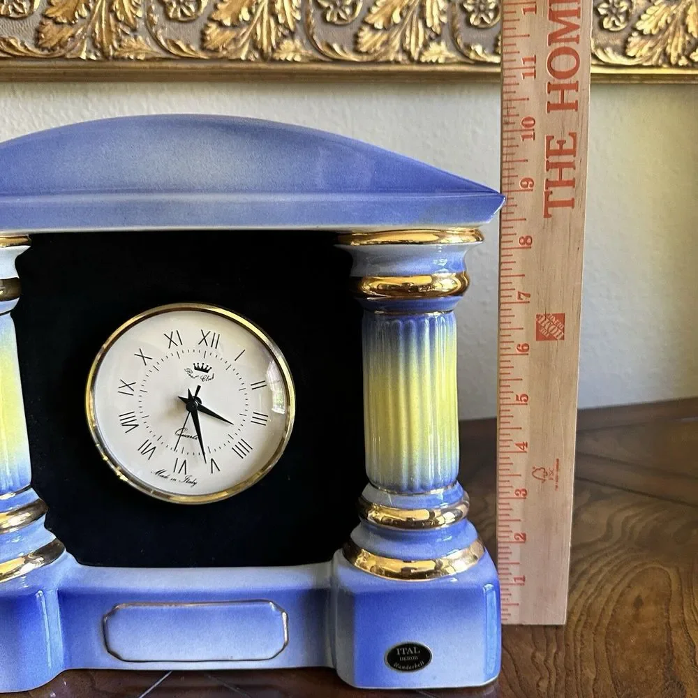 VTG Mantle Clock 10 Inch Italy Blue Yellow Gold‎ Accent Vase Porcelain Works